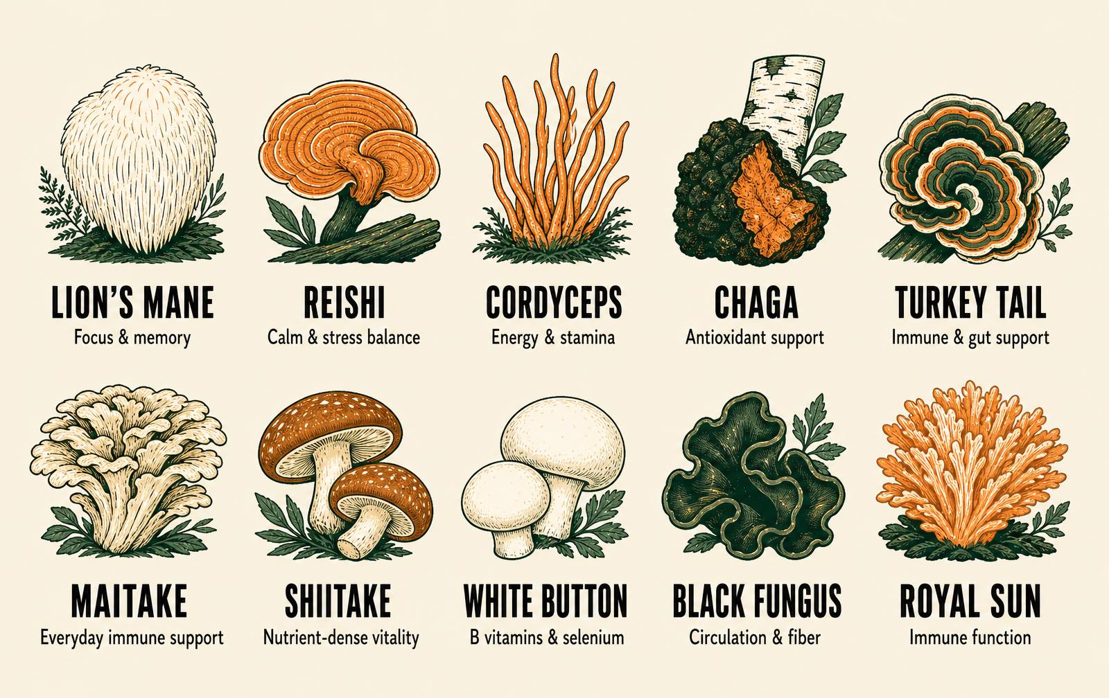 Chart of the ten mushrooms in Nutrapalia Mushroom Extract Complex and what each supports